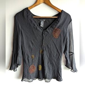 Silkland Womens Blouse Black Silk Beaded Sz L Bell Sleeve Y2K Boho Hippie fairy